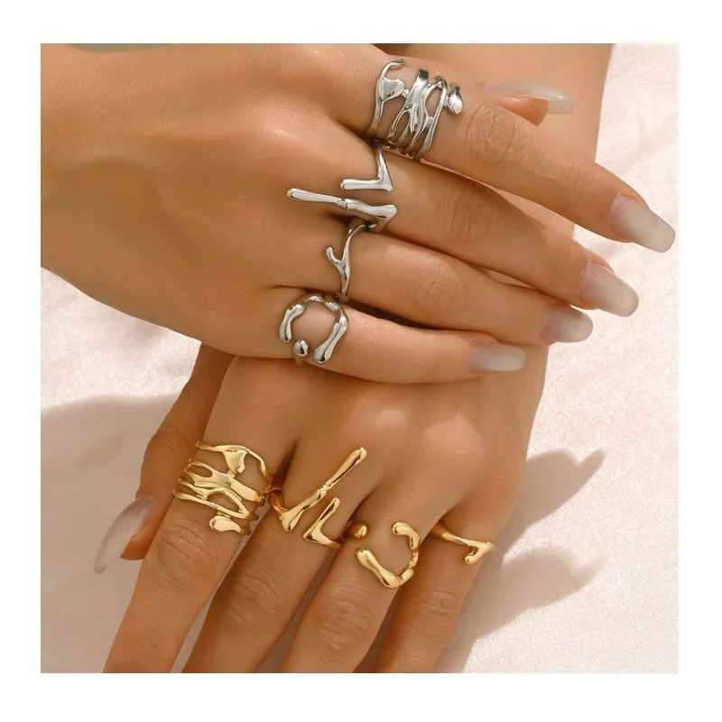 

Wind Jewelry Geometric Irregular Lava Design Open Ring Set Versatile High Sense Ring Women