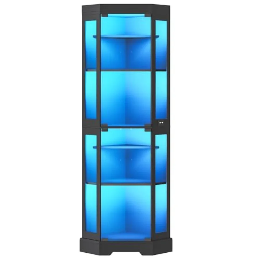Corner display cabinet with tempered glass doors, black finish, LED lighting, 6-tier modern curio cabinet for collectibles and