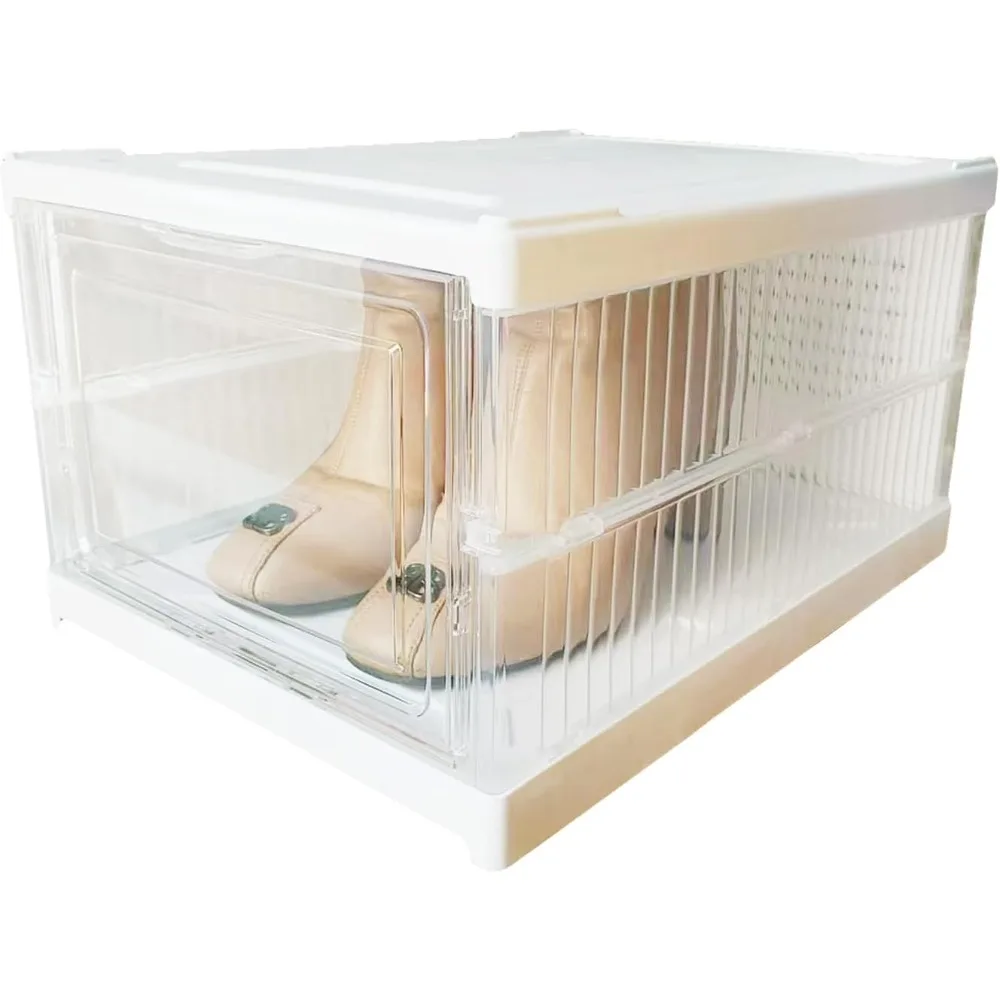 

Thicken & Sturdy Clear Shoe Storage Organizer with Magnetic Door, Stackable Boxes for Closet, Foldable Space-Saving Shoe Rack fo