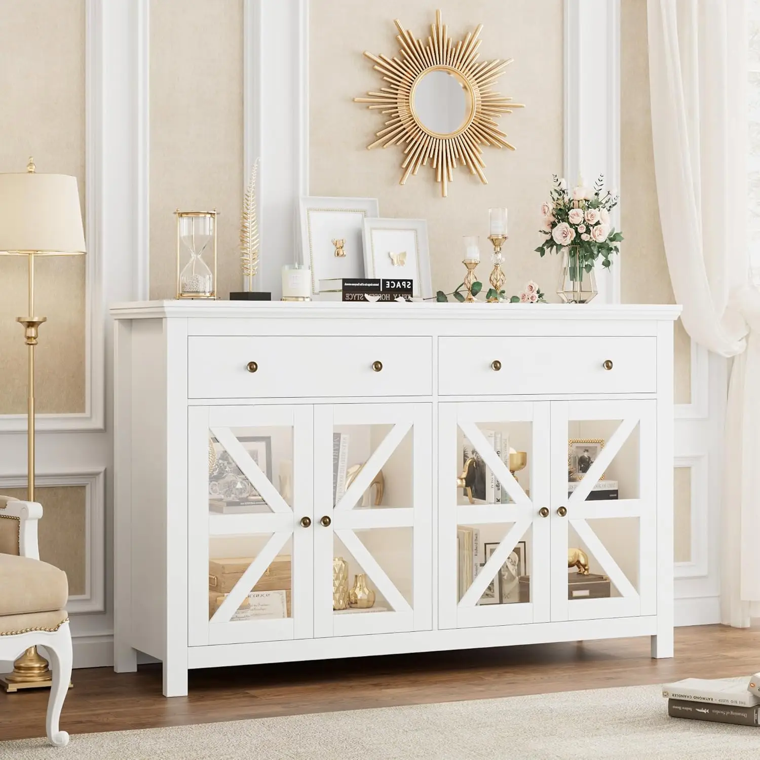 ตู้ไซด์บอร์ดบุฟเฟ่ต์สีขาวขนาดใหญ่พร้อมลิ้นชัก 2 ลิ้นชัก 4 ประตูกระจก – ตู้เก็บของในห้องครัวห้องรับประทานอาหาร