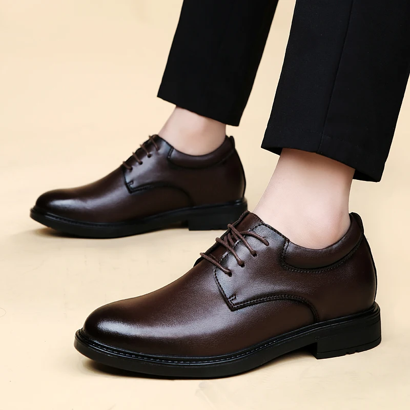 Sepatu kulit Oxford untuk pria, sepatu lift pria penambah tinggi sol dalam 6CM hitam Formal bisnis ukuran besar 35-47