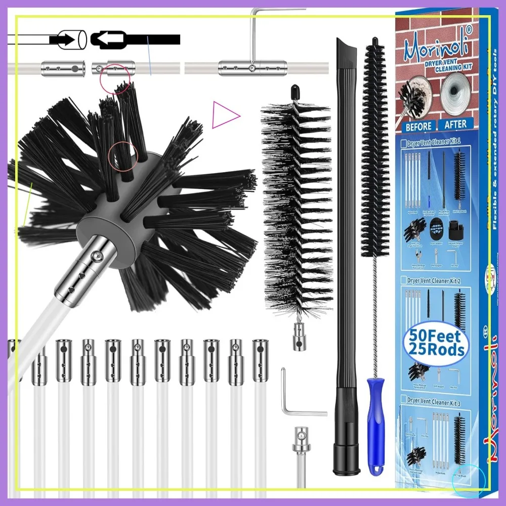 50ft reinigingsset voor drogerventilatie met booropzetstuk, flexibele staven en pluisborstel voor efficiënt kanaalonderhoud