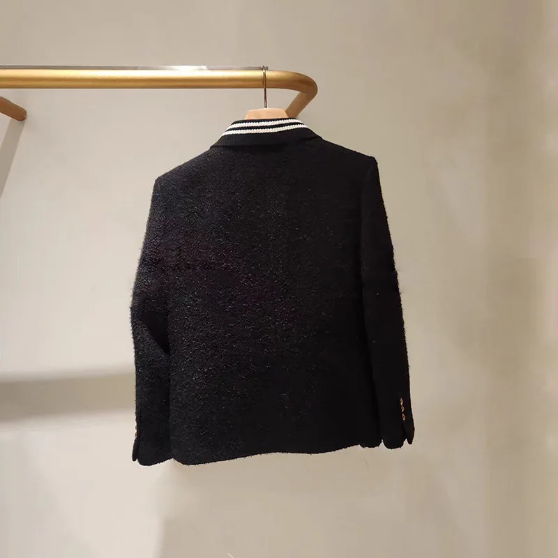 2025년 가을/겨울 컬리지 스타일 스트라이프 폴로넥 블랙 트위드 메탈 버튼 코트 여성용 재킷