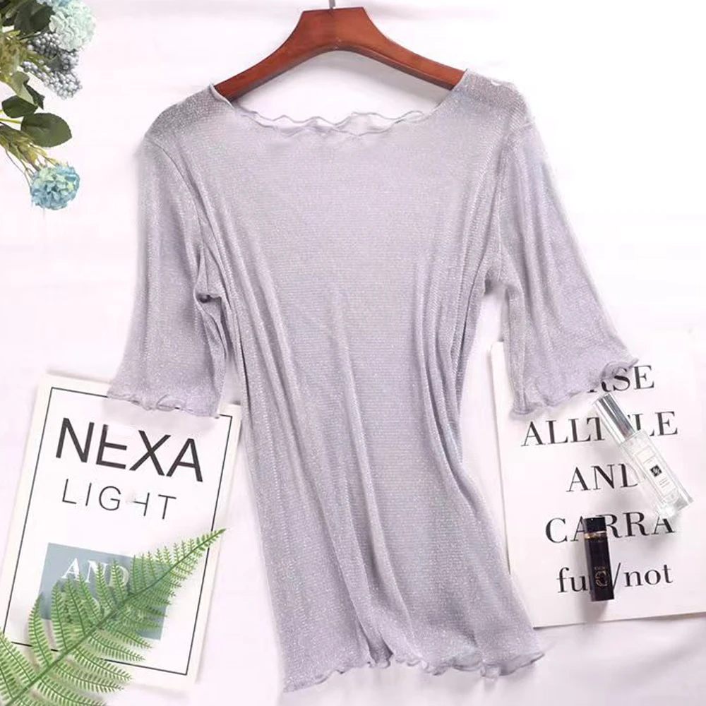 Women Spring Summer Silver Shiny Transparent T-Shirt Edible Tree Fungus Elastic Female Blouses S-2XL Short Sleeve Kawaii Shirt