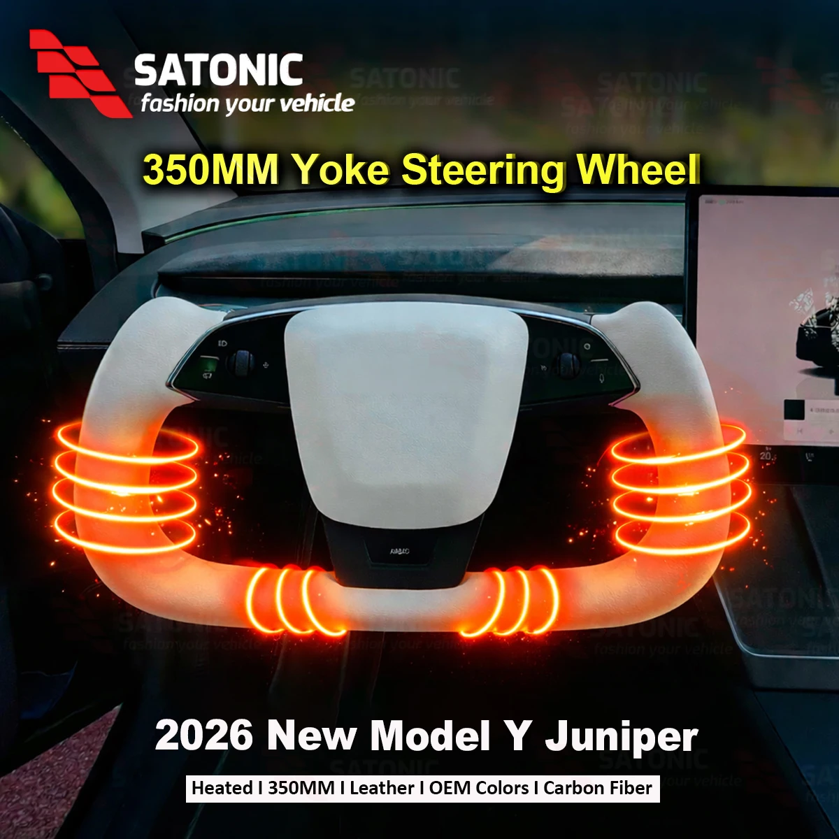 

SATONIC 2026 Newest 350mm Yoke Handle Heated Steering Wheel For Tesla New Model Y Juniper YL Customized Leather Color