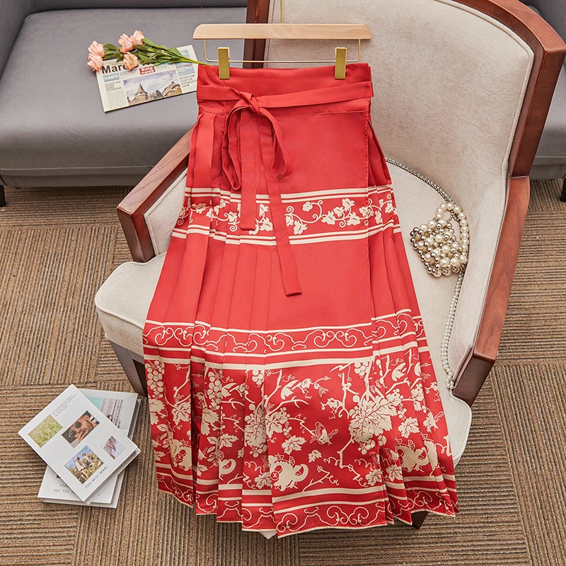 Chinese Style Horse Face Skirt Set Printing High-Waisted Long Skirt Traditional Hanfu Red Skirts For Vintage Women's Clothing