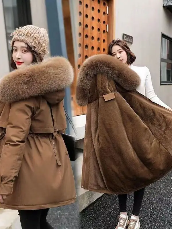 

Women's Parka Coat Winter 2025 Thiened Cotton Slim Fit Korean Sle with Fur Collar Mid-Length Belted Small Size