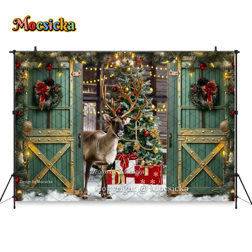 Mocsicka الشتاء الأيائل مزرعة خلفية التصوير الفوتوغرافي الأحمر عيد الميلاد إكليل ندفة الثلج باب خشبي خلفية الاطفال الأسرة استوديو الصور