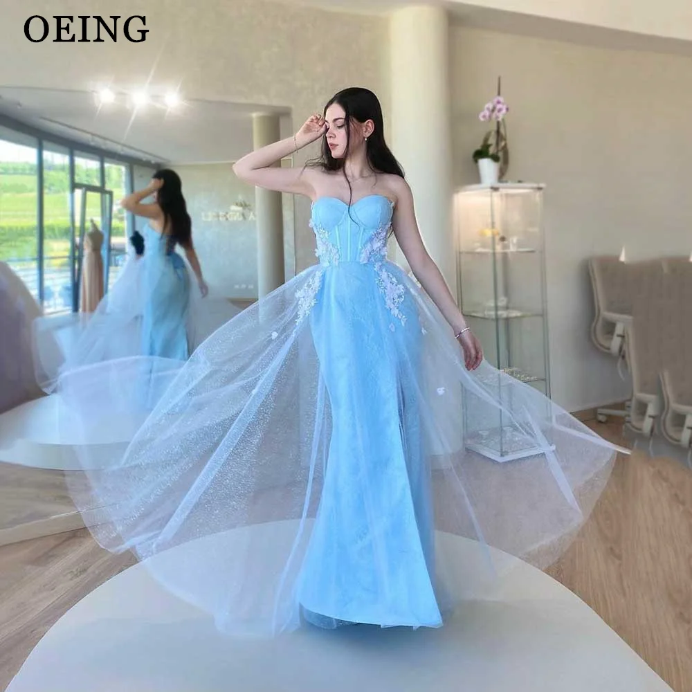 

OEING Sky Blue Ladies Prom Party Dresses Sweetheart Tulle Tiered Appliques Mermaid Evening Gowns Formal Occasion Lace Up Back