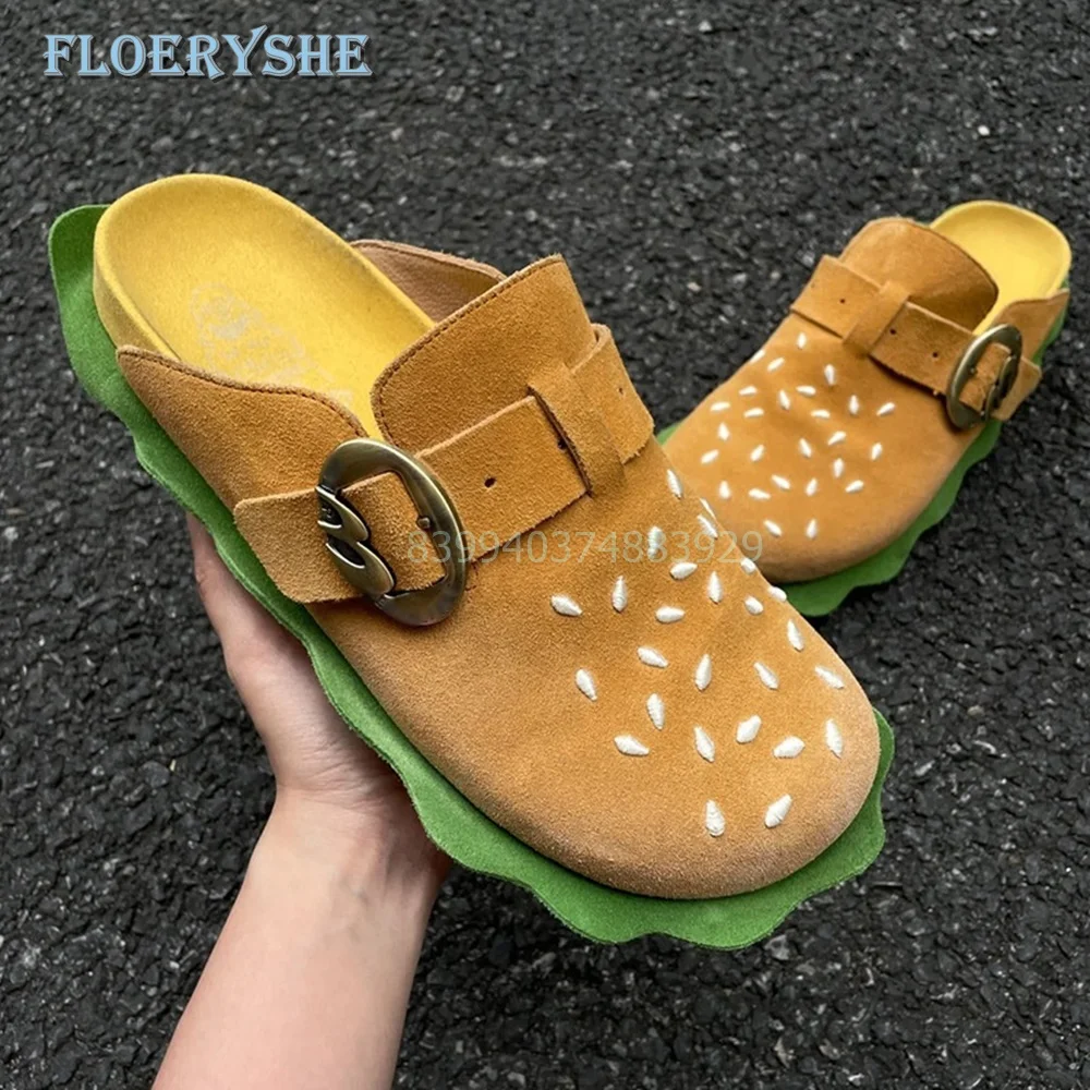 Hamburger Novelty Slippers Belt Buckle Thick Autumn Women Shoes Mixed Color Outside Slip On 2024 New Round Toe Flats Fashion