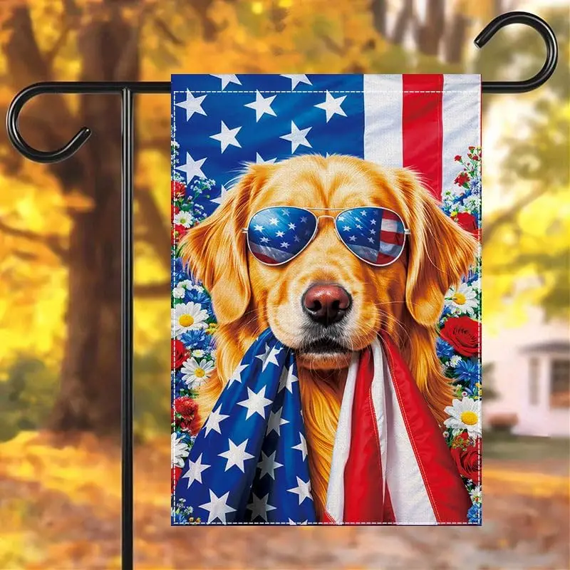 Patriotic Golden Retriever Garden Flag, 12x18 Inch Outdoor Decor with US Flag Sunglasses and Red White Blue Flowers, Fourth  WWP