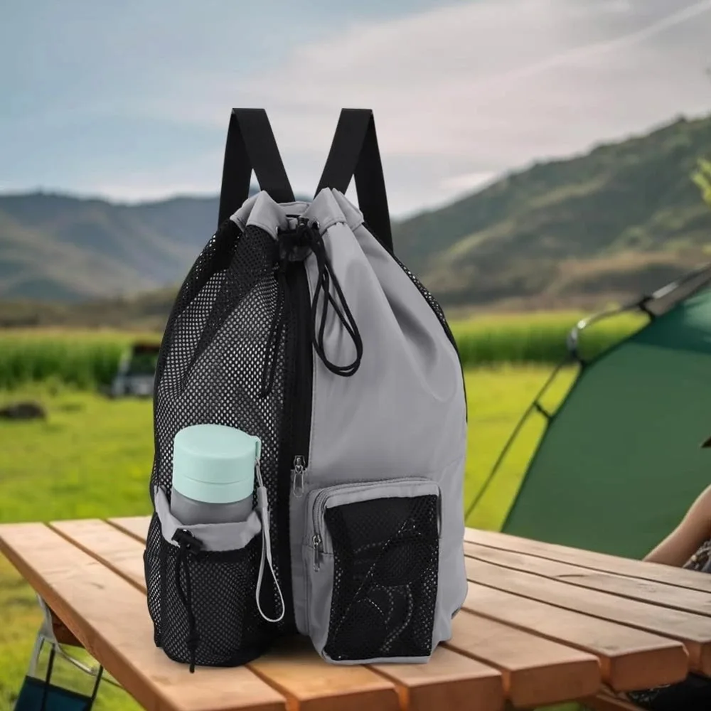 Multi-Pocket Mesh Drawstring Backpack with Internal Wet Bag for Motorcycle Swimming Gym Beach Workout Multipurpose Gear Bag