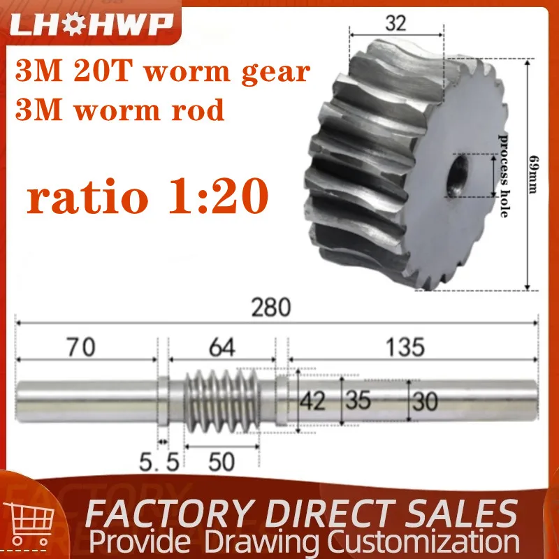 

1 Set 3 Modulus 3M Worm Rod With Worm Gear 3M 20T 20 Teeth 45# Steel Rduction Ratio 1:20 Worm Rod With Process Hole