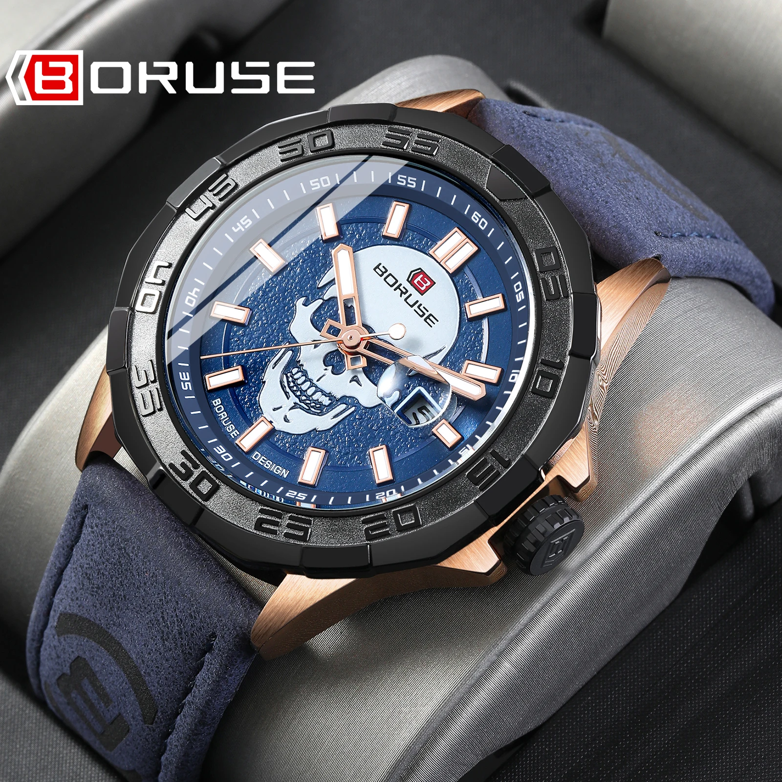 BORUSE Skull Waterproof Watch Men's Luminous Quartz Watch Leisure Sports Multi-functional Timer watches for men