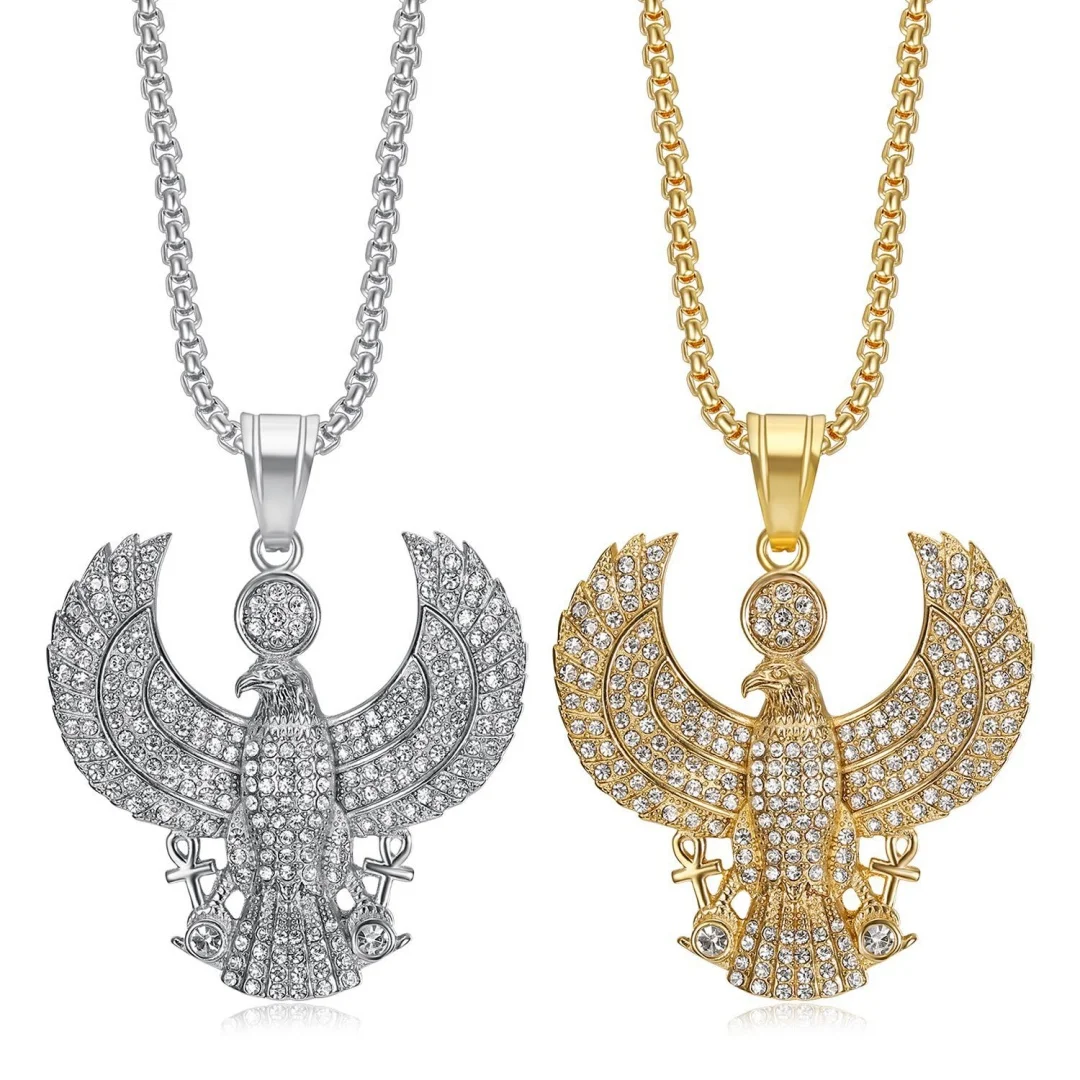 Egyptian Iced Out CZ Ankh Cross Eagle Pendant Stainless Steel Pharaoh Cobra Necklace for Women Men Ancient Egypt Fashion Jewelry
