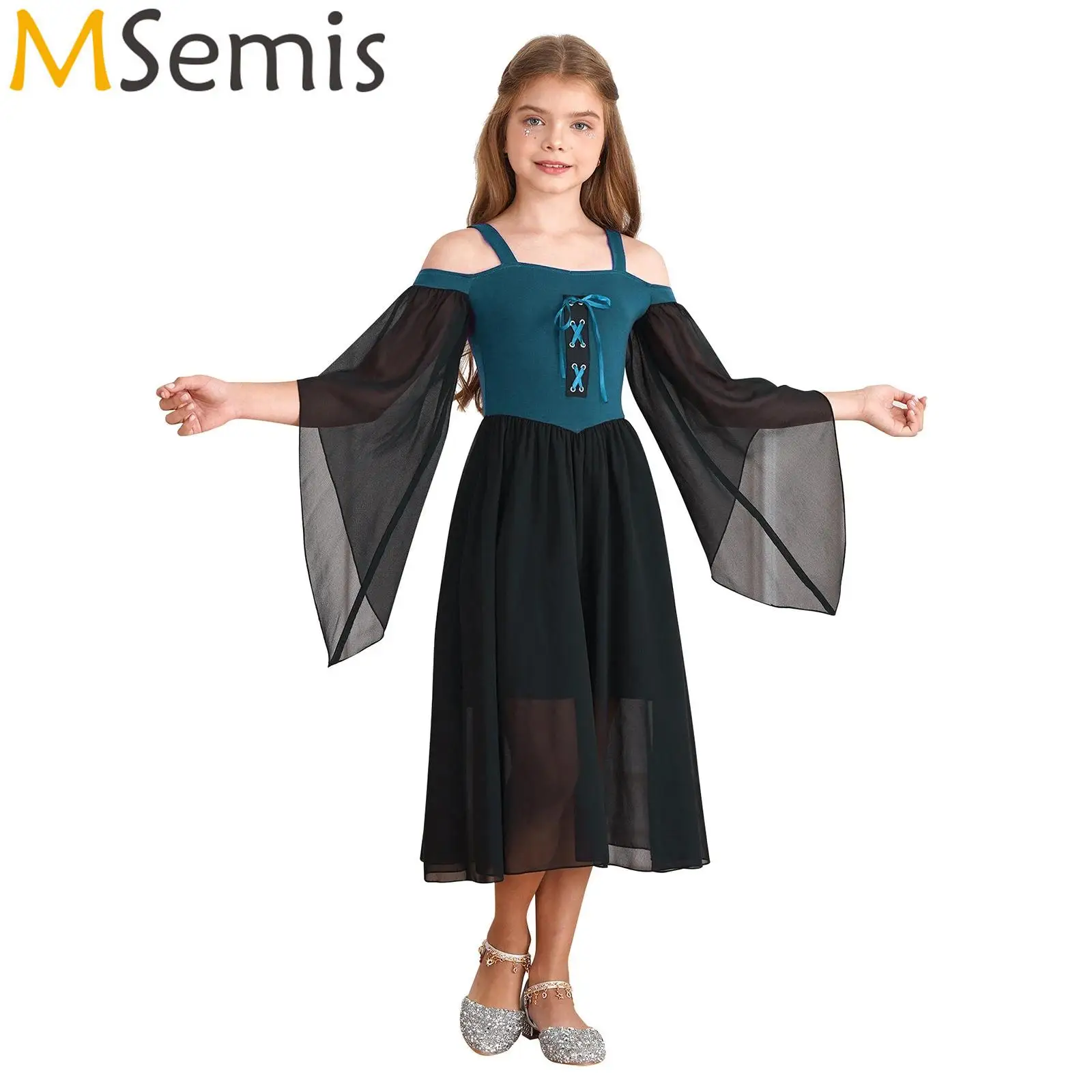 

Kids Girls Halloween Medieval Renaissance Costume Long Sleeved Off Shoulder Steampunk Gothic Victorian Cosplay Flowy Dress