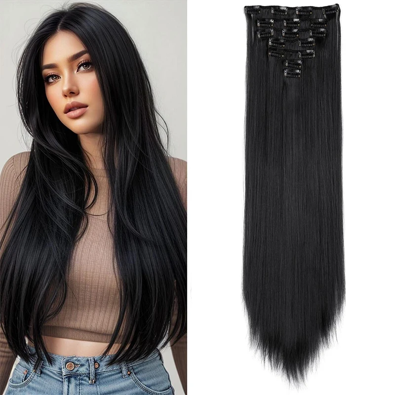 MSTN Synthetic Clip In Hair Extensions 22 Inch Long Straight Hair 7 Pieces/Set Clip In Hair Extensions DIY Hair Making