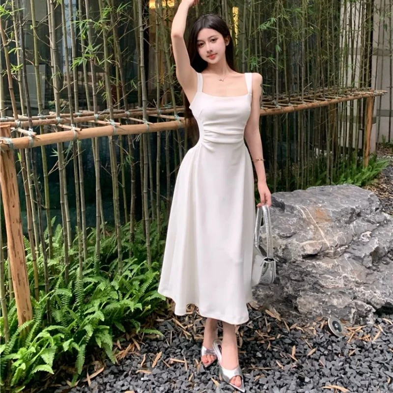 Damen Maxikleid mit eckigem Ausschnitt, minimalistisches, klassisches, einfarbiges, weißes, gerafftes A-Linien-Kleid, schlichtes Streetwear-Kleid für Frauen