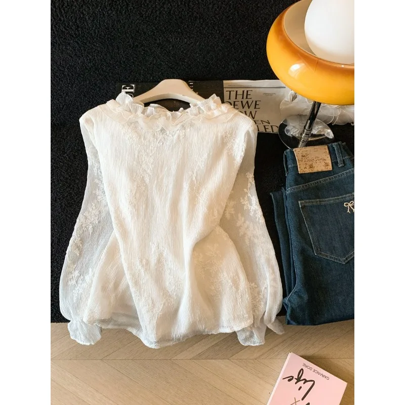French Elegance Intellectual Ruffle Edge Strap Bow Blouse Kochi Women's Wear Commuter Chiffon Shirt Embroidery Exquisite Leisure
