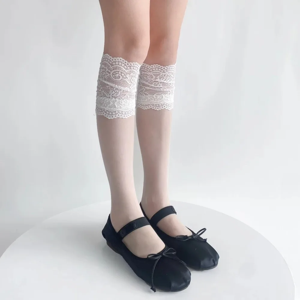 Lace Ruffle Lace Stockings Floral Pattern Sheer Lace Ruffle Long Socks Ultra-Thin Transparent Knee High Socks Sweet Girls