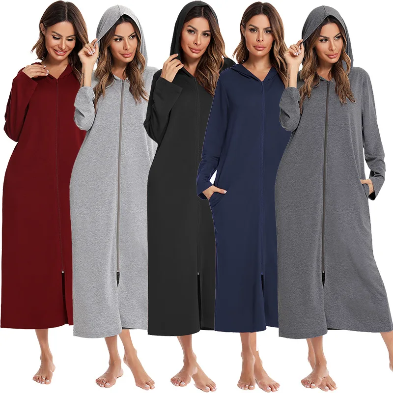 Women\'S Pajamas Autumn Winter Hoodie Long Sleeve Zipper Front Cotton Bathrobe Women Loungewear Nightgowns Home Wear Pajamas