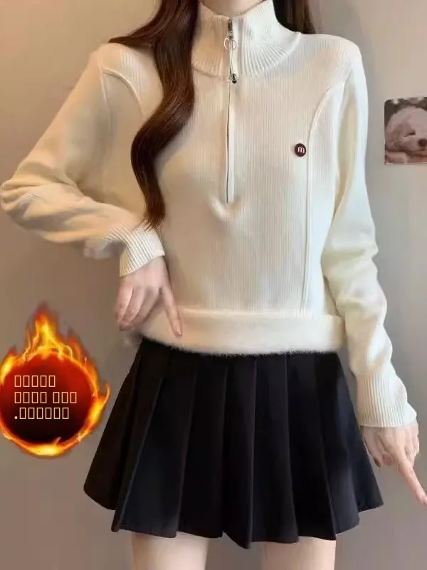 

Women's Zipper f High Collar Fce Lined Knitted Thiened Base irt Warm Top Spring Autumn Winter Commute Sle Slim Fit