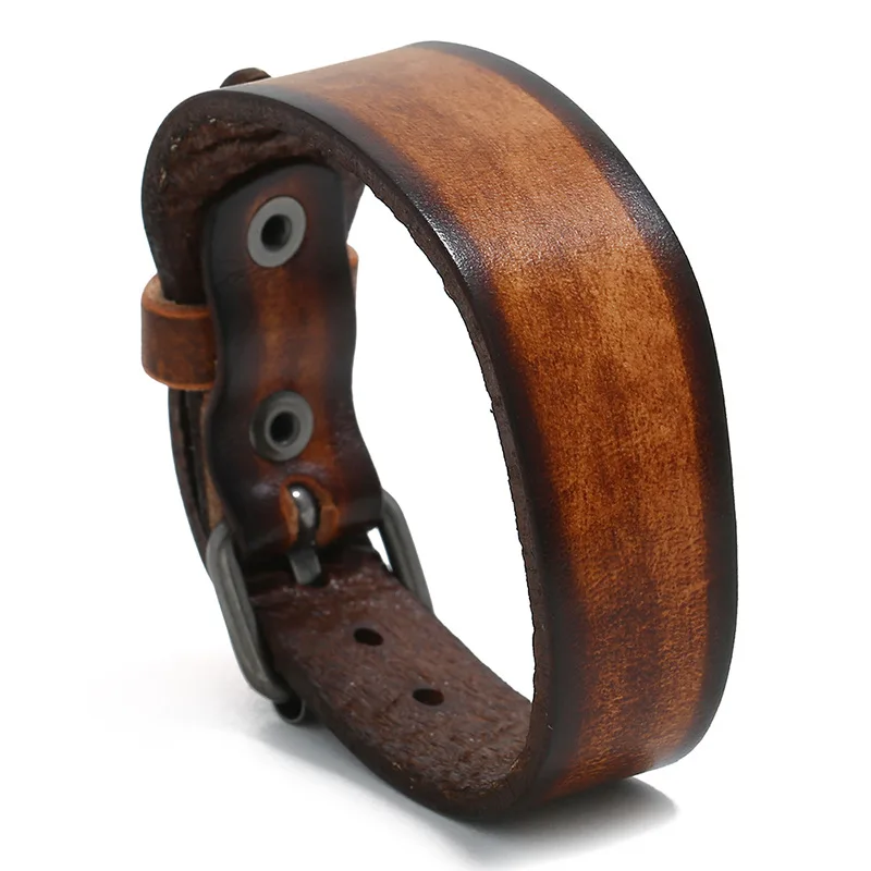 New Retro Black Brown Genuine Leather Belt Buckle Wide Wrap Bracelets Men Women Bangle Outdoor Jewelry