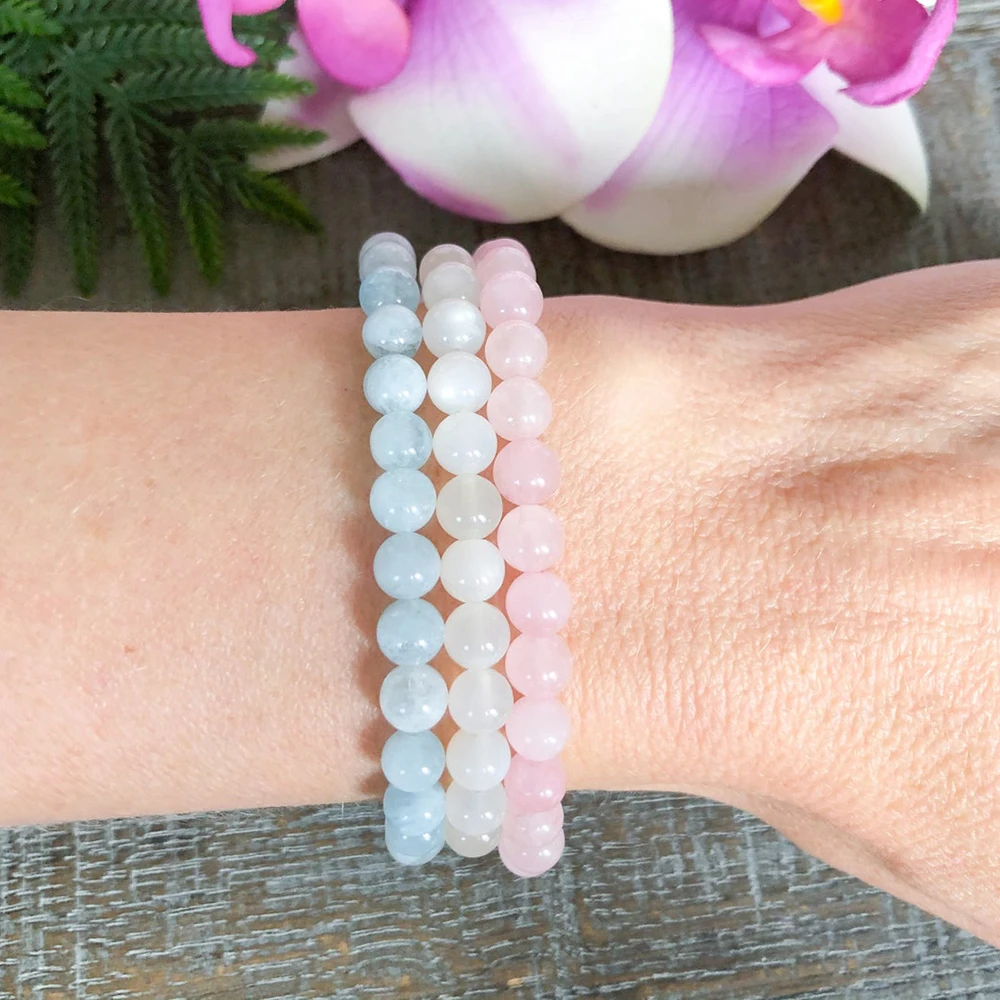 Ruberthen 6 mm Natural Rose Quartz Moonstone Aquamarine Bracelets Fertility Bracelet Set Fertility Healing Crystals Jewelry