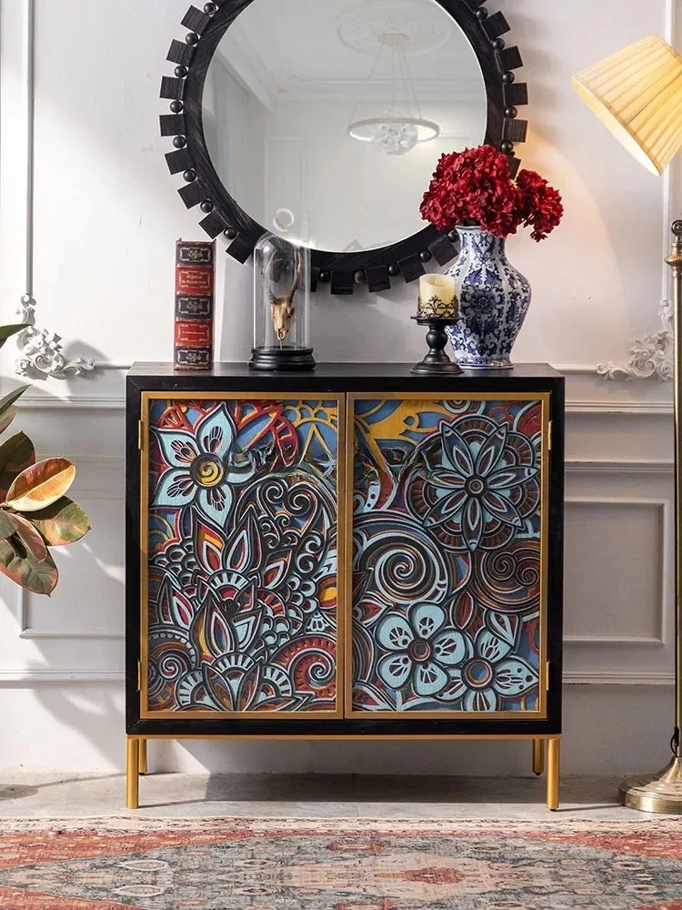 solid wood light luxury entrance cabinet dining side integrated living room stacked engraving wine cabinet