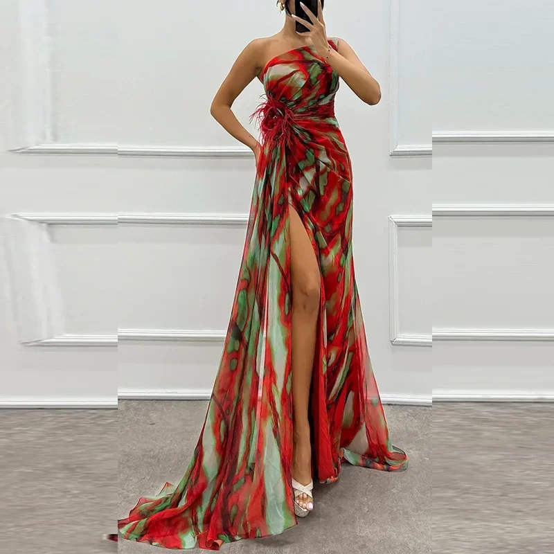 

Elegant Off Shoulder Floral Print High Waist Holiday Dress Summer Tie Dye Chic Slit Sleeveless Temperament Party Dress Ladies