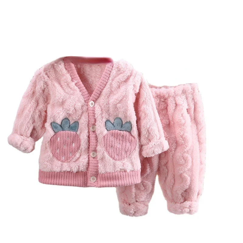 New Winter Baby Girls Clothes Suit Children Thick Warm Long Sleeved Pajama Top And Pants Toddler Casual Costume Kids Sleepwear