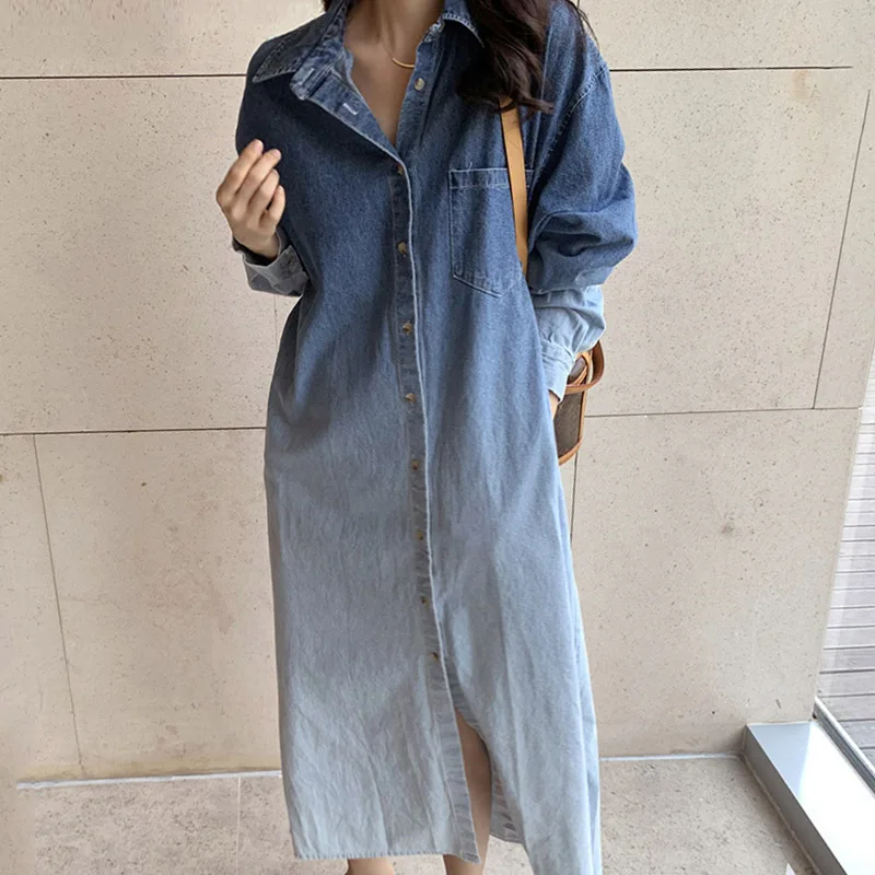 Retro Gradient Denim Dress Autumn New Women's Fashion Laple Single-breasted Loose Long Sleeve Dresses Temperament Shirt Dress