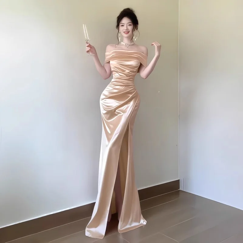 Sexy one  shoulder  dress,  women's  high-end birthday satin woman sexy dress,  Classic  temperament  slit  slim  fit long dress