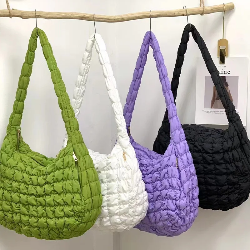 Casual Ruched Oversized Women Shoulder Bags Designer Quilted Padded Crossbody Bag Large Capacity Nylon Tote Big Shopper Purses