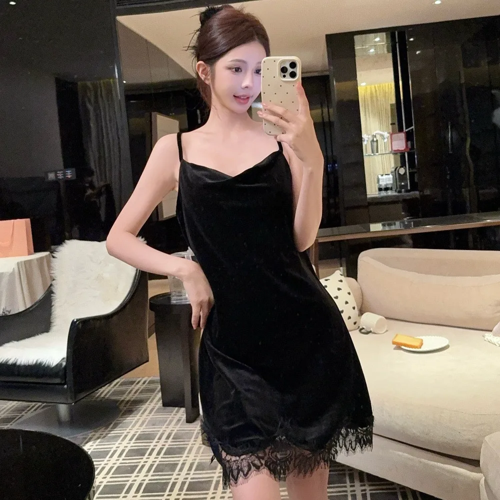 

Сексуальная велюровая ночная сорочка с открытой спиной, весенняя велюровая ночнушка, домашнее платье, женская ночная рубашка с кружевной отделкой по низу, одежда для отдыха