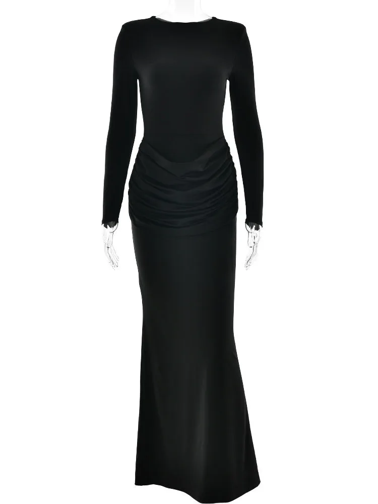 JULISSA MO Elegant Round Neck High Slit Ruched Women Maxi Dress Coffee Long Sleeve High Waist Autumn Skinny Party Evening Dress