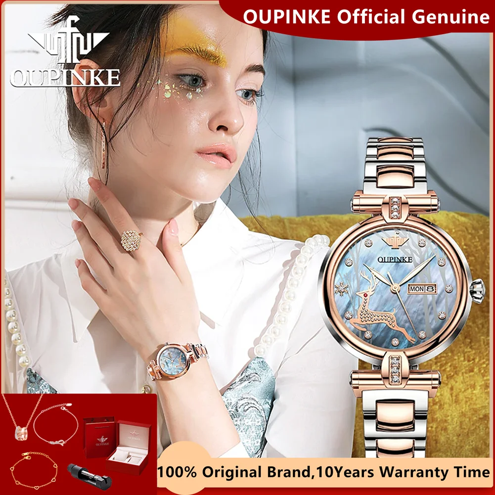 OUPINKE 3180 Original mechanische Damen-Armbanduhr, elegant, Roségold, Diamantskala, Edelstahl, Automatikuhren für Damen