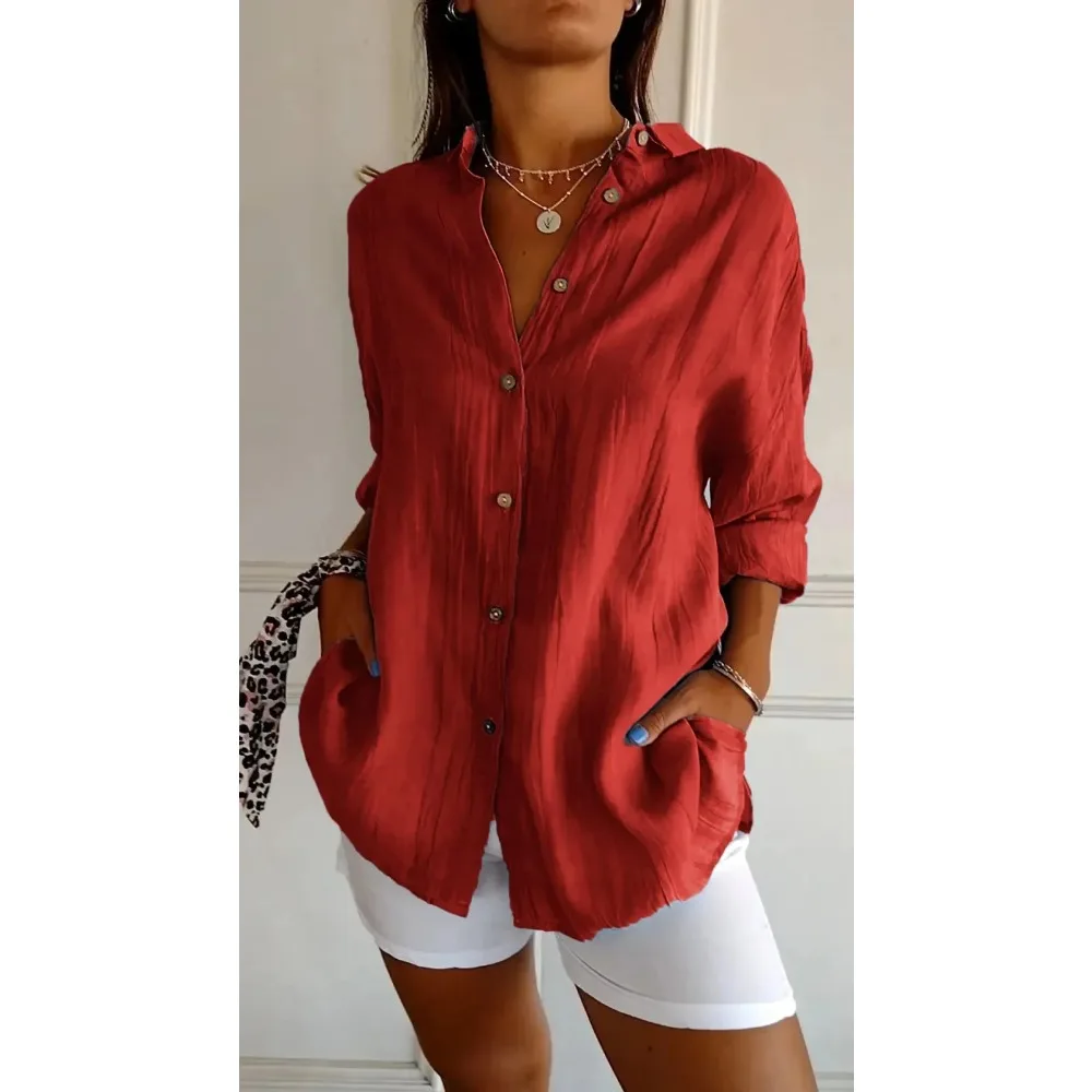 Camisa casual de algodão de linho, top de lapela, gola V, solta, monocromática, escritório, retrô, verão, moda, 2024