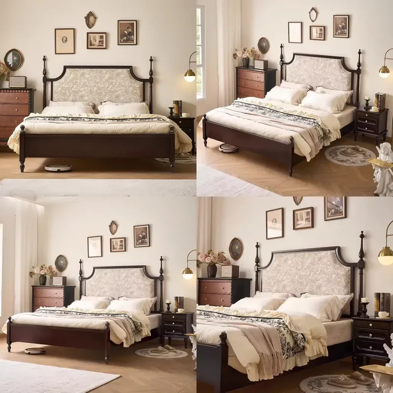 French-style Vintage Medieval Style Solid Wood Upholstered Bed 1.8m/2m Double/Marriage Bed