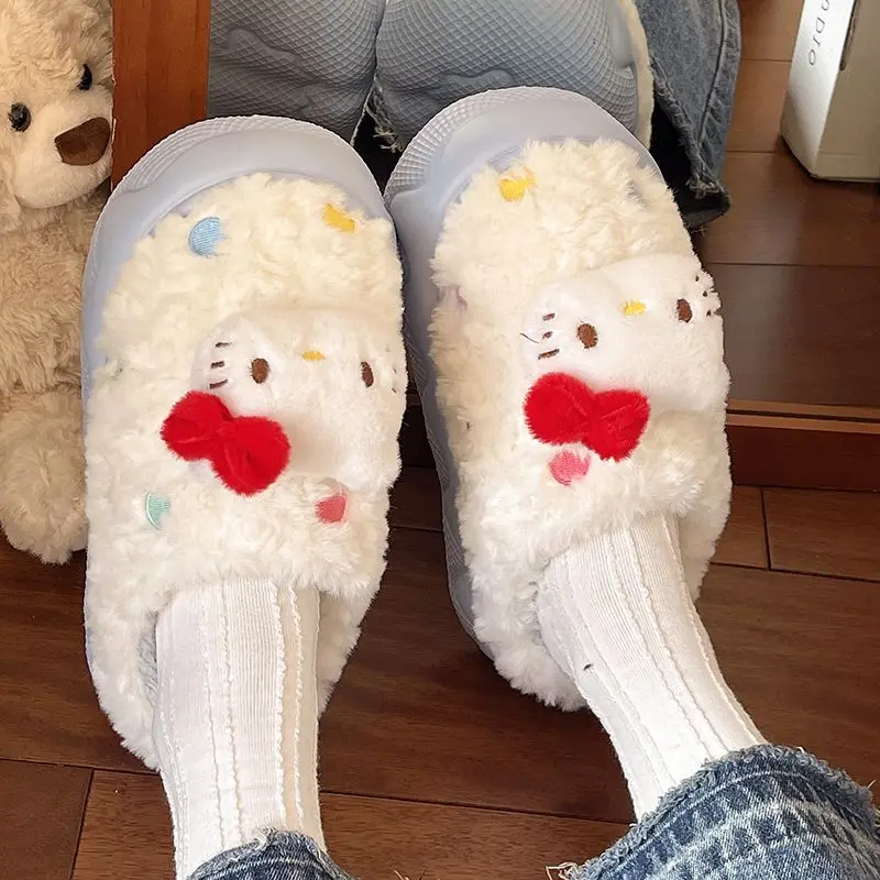 Kawaii مرحبا كيتي الشتاء غامض نعال من القطن فتاة الدوبامين Colorway المنزل الدفء نعل سميك مع بطانة الصوف نعال قماش #4