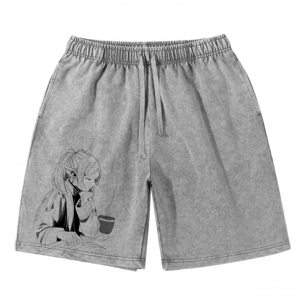 Anime Frieren Szorty Vintage Sprane Manga Sportowe Szorty Druk DTG Krótkie Spodnie Bawełniane Moda Y2K Półspodnie Board Man Girl