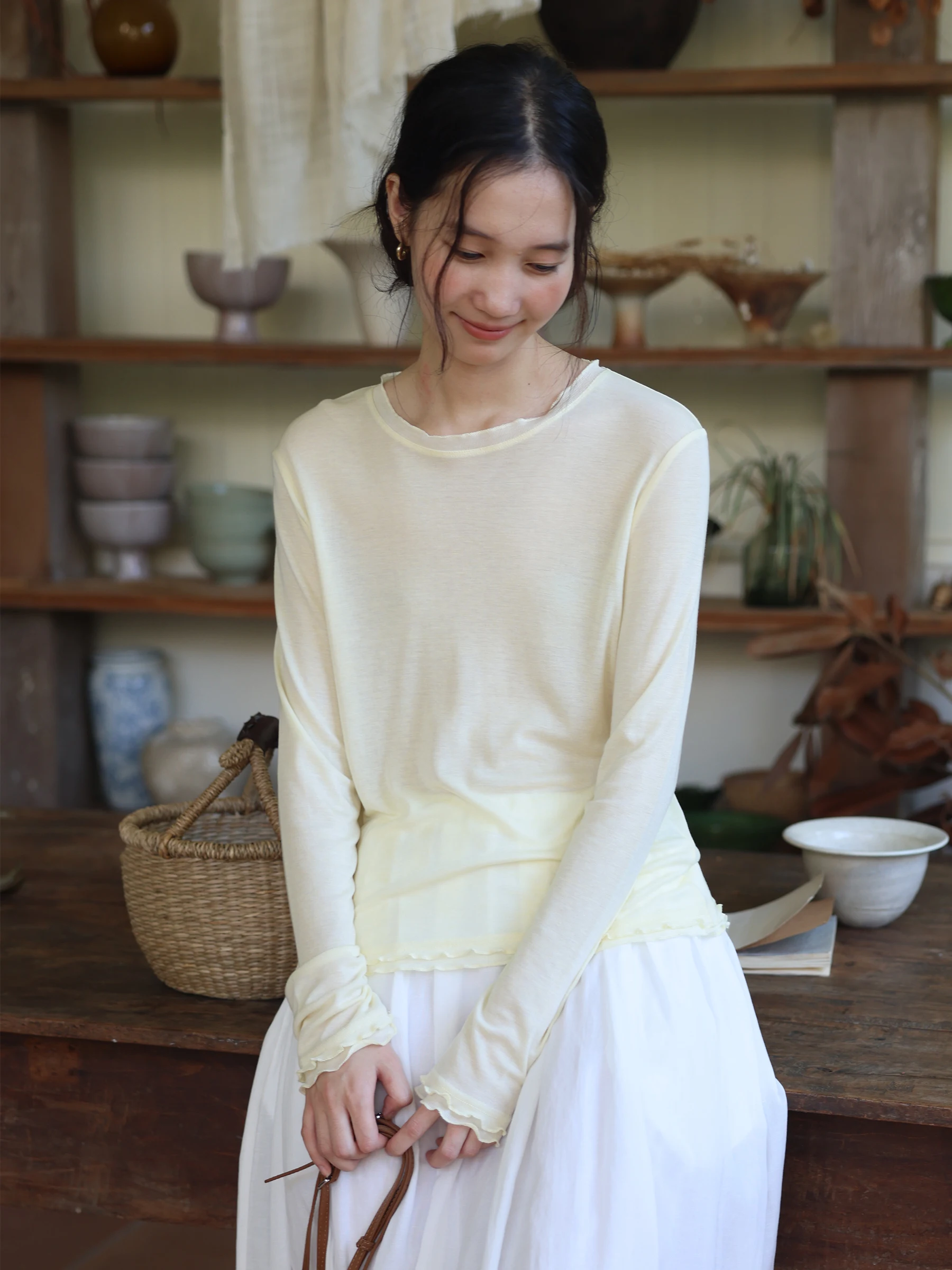 

MUNNS Lenzing Wool Blend Long Sve round Ne Свободный крой Тонкий крутой топ Повседневная футболка универсального размера для похудения