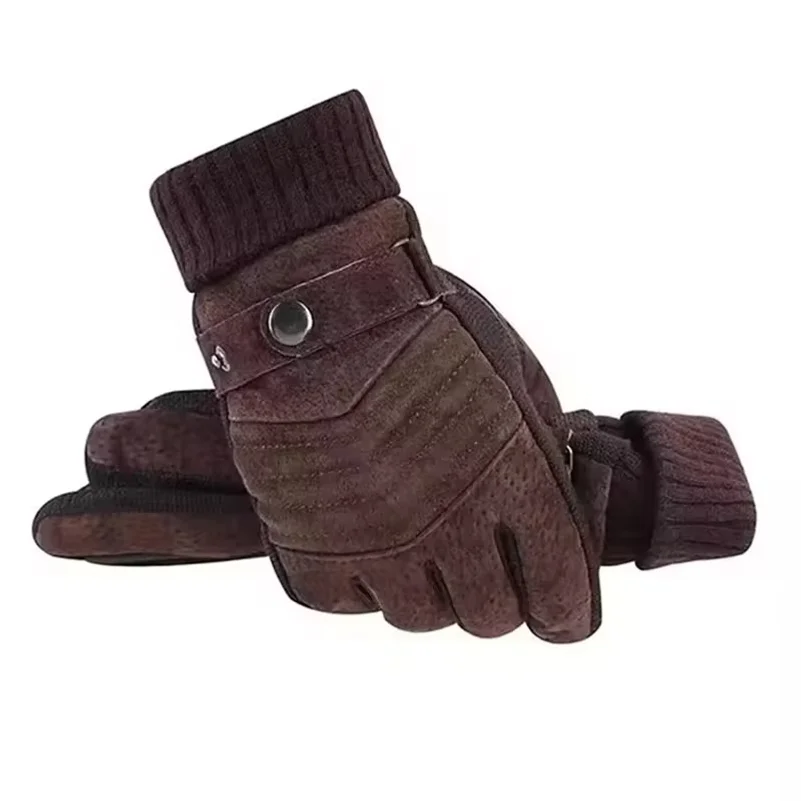 Gloves Men's Winter Cycling Motorcycle Windproof Cold Insulation Warm Leather Touch Screen Anti-Slip Thick Pile