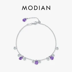 MODIAN Beads Link Chain Bracelet 925 Sterling Silver Purple Zirconia Water Drop Charm Stackable Bracelet For Women Jewelry Gift
