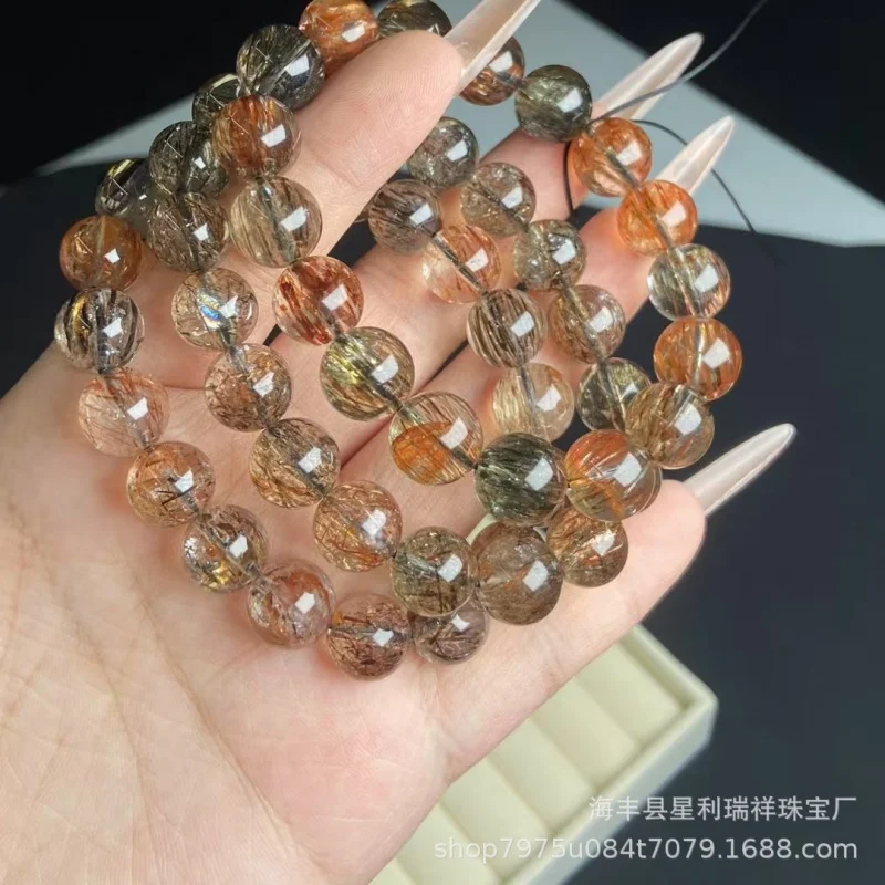 Natural Buddha Hair Thread Black Gold Seven Round Bead Bracelet