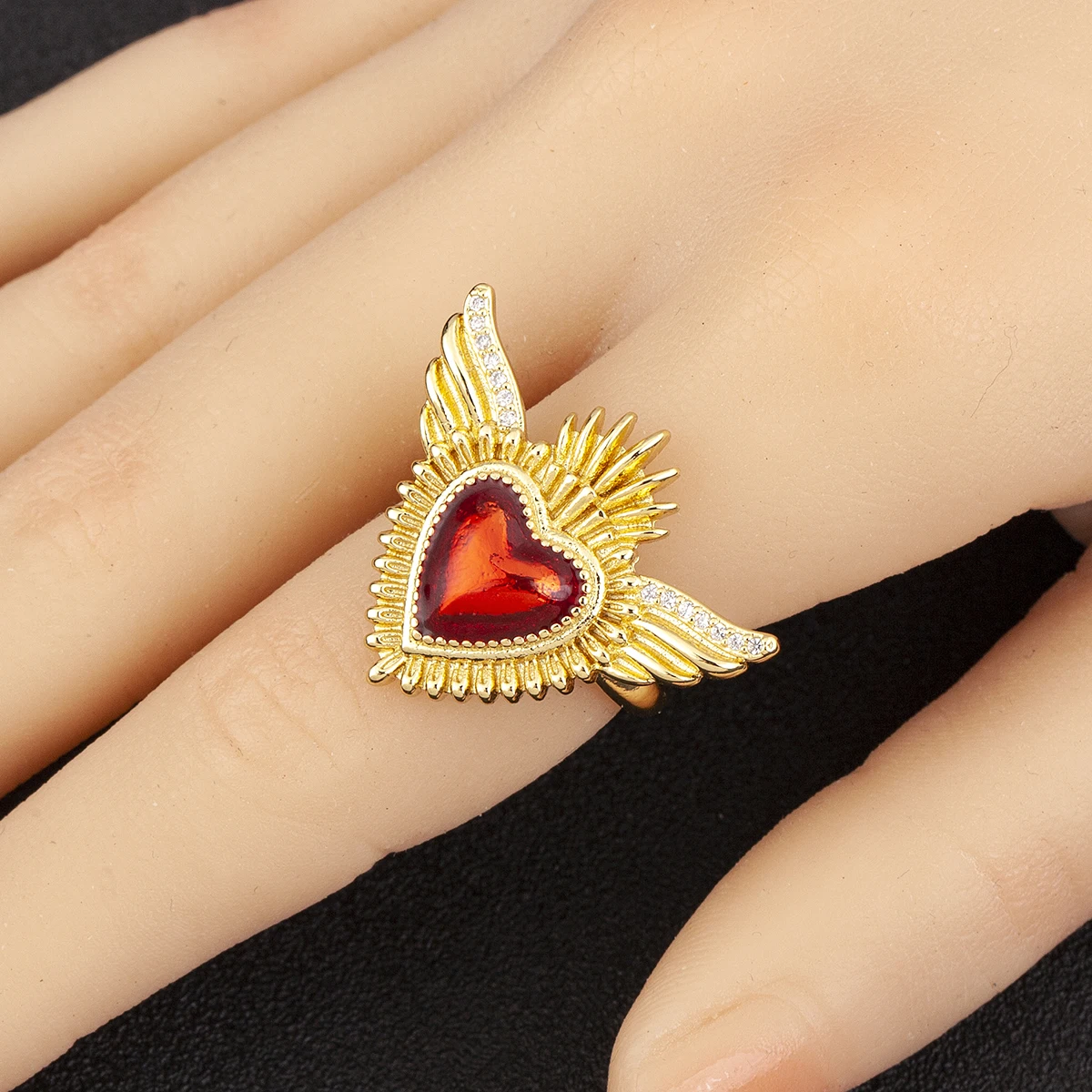 Nidin New Trendy S/L Size Choice Sacred Heart Open Rings Adjustable For Women  Copper Micro Inlaid Zircon Finger Jewelry Gift
