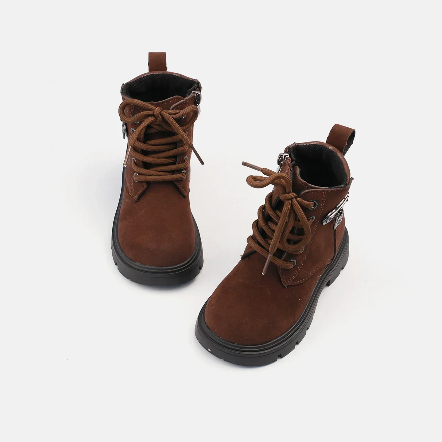 Kids Suede-like Ankle Boots, Lace-Up with Inner Zipper Side Metal Charm Thick Non-Slip Sole Cool Work Boots for Boys Girls