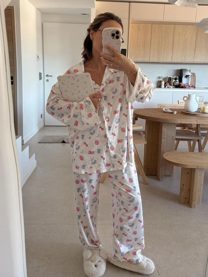 

Marthaqiqi Printing Women Nightgown 2 Piece Suit Long Sleeve Nightwear Turn-Down Collar Pajama Pants Casual Ladies Sleepwear Set