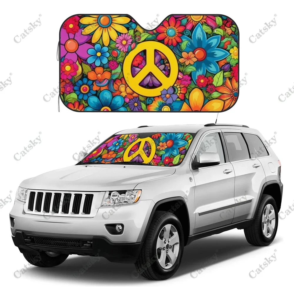 Hippie Vibes Retro Peace Signs Car Windshield Sunshade, Front Auto Car Windshield Sun Shade Blocks Uv Rays Sun Visor Protector