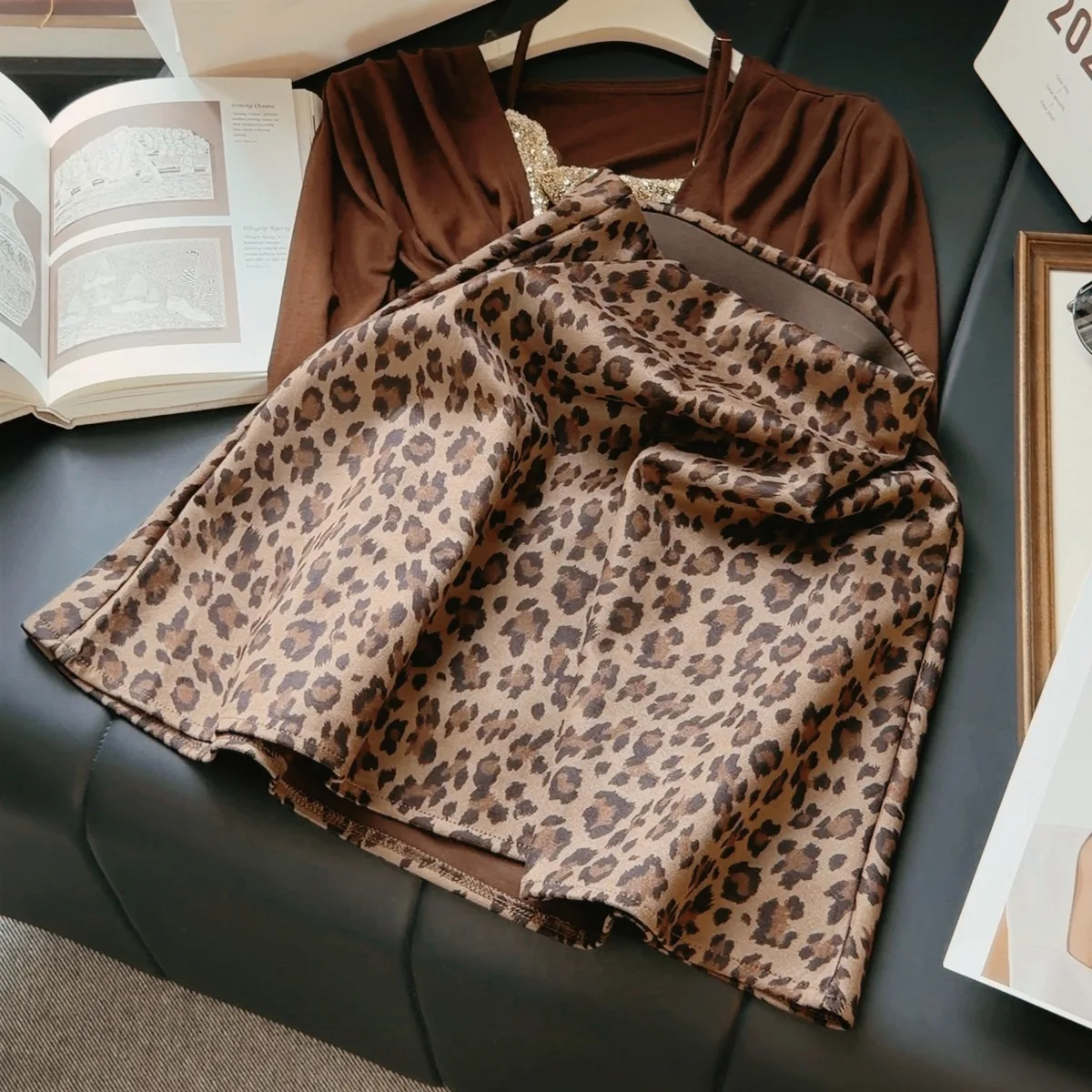 Fashion Retro Suede Leopard Print Skirt Women's Autumn New High Waist A Word Hip Skirt